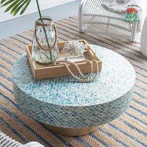 Table basse ronde moderne Nhat Minh avec plateau en mosaïque de verre bleu et base en métal, mobilier contemporain pour salon - Product Image 6