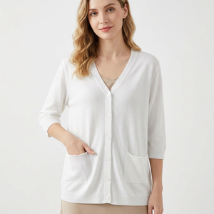 Pull en tricot blanc à col rond pour femme, manches trois quarts, longueur courte, poches, style minimaliste, vêtements d'hiver, Bangladesh - Product Image 3