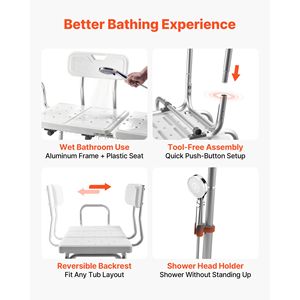 Sedia da doccia resistente con capacità di 180 kg, con braccioli, schienale, fessura per tenda e altezza regolabile, panca di trasferimento per vasca da bagno - Product Image 6