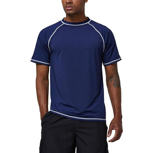 Camiseta de natación de manga corta de alta calidad para hombre, color azul oscuro, UPF 50+, elástica, de secado rápido, con detalles en blanco. - Product Image 1