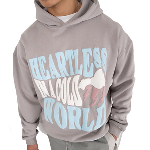 Sudadera con Capucha Bordada y Estampada Heartless in a Cold World, Unisex, Corte Regular, Informal, de Algodón Gris, para Invierno - Product Image 1