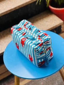 Striped Blue White Embroidered Crab Print Eco-Friendly Cotton Cosmetic Bag Medium Size Zipper Closure Portable <b>Makeup</b> <b>Case</b> - Product Image 1
