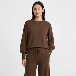Ensemble de survêtement décontracté 2 pièces pour femme, style vintage, coupe ample, avec cordon de serrage, en polaire, couleur unie, à capuche, manches longues, marron - Product Image 4