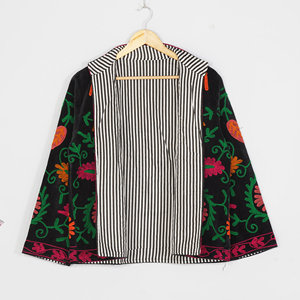 Women Velvet Embroidered <b>Jacket</b> Mandarin Collar Lantern Sleeve Floral Boho Style Autumn Coat Handmade Suzani <b>Pattern</b> - Product Image 6
