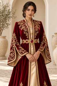 Caftán Marroquí de Terciopelo Color Ciruela con Mangas Campana, Cinturón Adornado con Joyas y Vestido Interior de Satén Color Champán, Cuello en V, Corte Holgado, Ideal para Fiestas y Eventos - Product Image 2