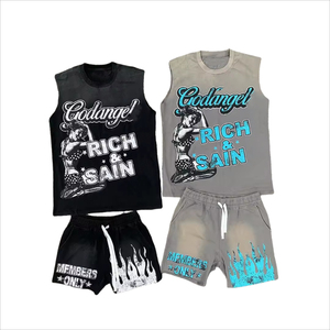 High Quality Custom Print Streetwear Oversized Sleeveless Men's Shorts and T-shirt <b>Set</b> - Product Image 5