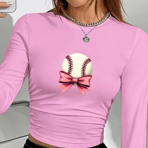 Béisbol blanco con lazo rosa moda mujer camisa de manga larga - Product Image 2