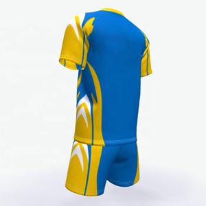Ensemble de tenue de sport bleu et jaune personnalisé imprimé par sublimation pour adultes, été, séchage rapide, unisexe, short et t-shirt - Product Image 5