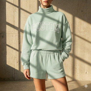 Comfort Feel <b>Mock</b> <b>Neck</b> <b>Top</b> And Shorts Set For Women Warm Cozy Comfortable Everyday Style Modern Clothing - Product Image 1