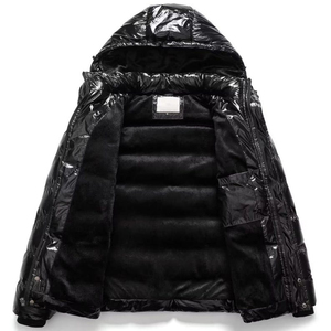 Blouson matelassé noir brillant pour homme avec capuche, veste d'hiver rembourrée haute brillance, manteau bulle streetwear personnalisé, vêtement d'extérieur chaud - Product Image 3