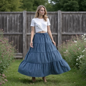 Jupe d'été Boho élégante faite à la main pour les filles Indigo gris bloc motif imprimé avec des couches à volants style magnifique pour les femmes - Product Image 2