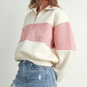 Women's Oversized Color Blocked <b>Zipper</b> Sweatshirt Long Sleeve Drop Shoulder Knitted 100% Cotton Autumn Wear Stand Collar - Product Image 6