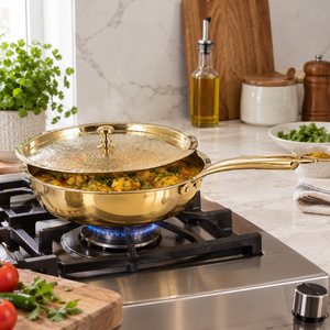 Cacerola Artesanal de Latón Puro con Tapa y Asa Larga, Sartén para Cocinar, Utensilios de Cocina Tradicionales Indios - Product Image 3