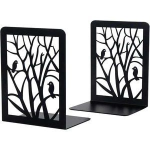 Ensemble d'entretoises à livres décoratives en métal noir, design moderne avec découpe d'oiseau et d'arbre, organisateur de bureau, porte-livres, taille personnalisée - Product Image 1