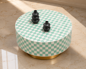 Modern Round <b>Wooden</b> Coffee <b>Table</b> with Bone Inlay and Checkerboard Design Handmade Marble Top Living Room Furniture - Product Image 4