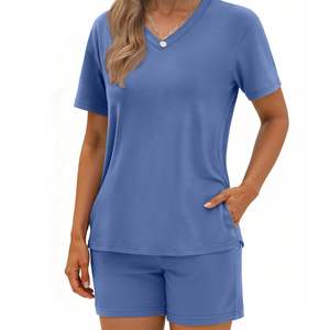 Conjunto Casual de Dos Piezas para Mujer, Verano, Cuello en V, Camiseta de Manga Corta y Pantalones Cortos, Ropa de Salón, Conjunto Combinado, Venta al Por Mayor, OEM - Product Image 2