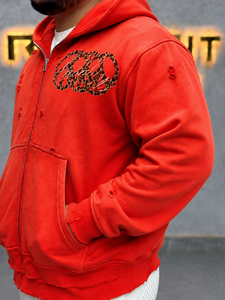 Sudadera con capucha roja desgastada con cremallera completa para hombre, estilo oversize, con estampado de leopardo y logo, estilo streetwear, de algodón y felpa. - Product Image 5