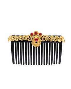 Peigne à cheveux élégant en acétate noir avec motif feuille d'or et strass rouges, 13 cm, accessoire de mode de haute qualité - Product Image 1
