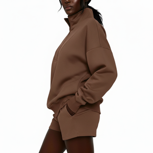 Women's 320 GSM Fleece <b>Hoodie</b> and Shorts Set Winter Casual Two Piece Outfit Custom Logo Thick Warm Tracksuit Set - Product Image 2