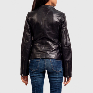 Women's Black Genuine <b>Leather</b> Moto <b>Jacket</b> Full Sleeve Stand Collar Zipper Closure Autumn Style - Product Image 2