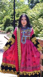 Elegant Deep Pink Afghan Party Dress With Modern Minimalist Golden Embroidery Accents And <b>Flared</b> Cuffs - Product Image 2