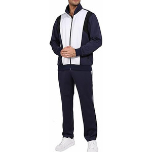 Ensemble de jogging d'hiver décontracté pour hommes |   Ensemble deux pièces bleu marine avec veste à empiècements blancs audacieux et pantalon rayé, respirant et léger - Product Image 1