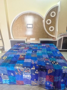 Handmade Vintage Old Sari Silk Kantha Embroidered <b>Quilt</b> Patchwork Queen Reversible Hypoallergenic <b>Bedspread</b> 100% Cotton Filling - Product Image 3