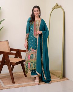 Conjunto de Salwar Kameez de 3 Piezas para Mujer, Estilo Casual, Cuello Redondo, Spandex/Algodón, Secado Rápido - Product Image 2
