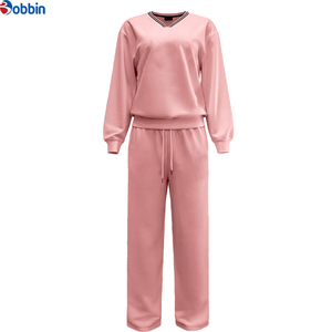 Women's Pink <b>Tracksuit</b> Set V-Neck Long Sleeve Sweatshirt With Drawstring Pants Casual Solid Color Loose Fit Autumn Wear - Product Image 1