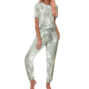 Women <b>Tie</b> <b>Dye</b> Two Piece <b>Set</b> Short Sleeve Tee Drawstring Jogger Pants Casual Loungewear Pink White Gradient Spring Wear - Product Image 2