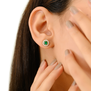 Top Selling Most Beautiful 18K Yellow Gold Round Cut Emerald & Diamond <b>Small</b> Halo <b>Stud</b> <b>Earrings</b> Latest Handmade Bulk Jewelry - Product Image 6