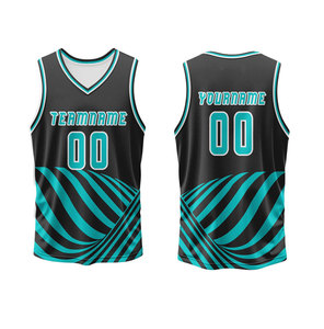Custom Sublimated Basketball Uniform Set Black Teal Geometric Design V-<b>Neck</b> Sleeveless Mesh Breathable Unisex Adult Apparel - Product Image 3