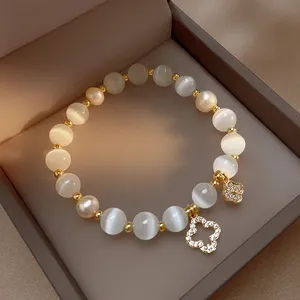 Pulsera de Cristal con Trébol de Cuatro Hojas para Mujer, Cadena de Mano Elástica con Cuentas de Perlas, Joyería, Regalo - Product Image 1