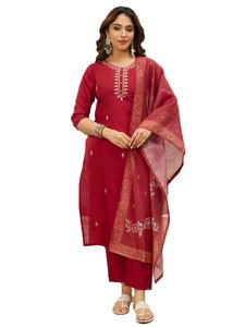Conjunto de 3 piezas de salwar kameez tradicional para mujer, de seda romana, corte ajustado, kurta recta hasta la rodilla, pantalón y dupatta de chanderi, estilo indio-pakistaní. - Product Image 1