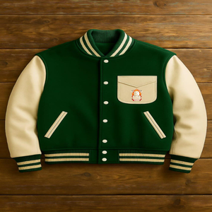 Veste universitaire en laine verte unisexe 2025 |   Manches en cuir blanc |   Blouson bomber vintage style Letterman - Product Image 4