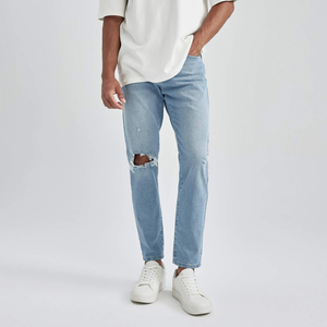 Hot Sale Stonewashed Denim <b>Jeans</b> for Young Men High Street Style Light Blue RegularSlim Fit <b>Elastic</b> Cotton Pant - Product Image 3