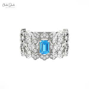 Anillo Art Deco con Topacio Azul Suizo y Diamantes Genuinos de 6x4mm, con Oro Sólido de 14k, Anillo Clásico de Chordia Jewels - Product Image 6