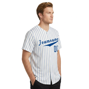 Custom <b>Baseball</b> Jersey Men's Short Sleeve Striped White Blue V Neck Breathable Polyester Teamname 00 Printed Uniform - Product Image 2