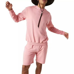 Men's Pink Casual 2-Piece <b>Set</b> Crew Neck Sweatshirt Shorts Solid Color <b>Knitted</b> Cotton Summer Wear - Product Image 4