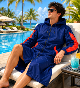 New <b>Waterproof</b> Hooded Polyester Swim Parka Adult Unisex Fleece Lined Winter Pool Deck <b>Jacket</b> Wave Print High Demand - Product Image 6