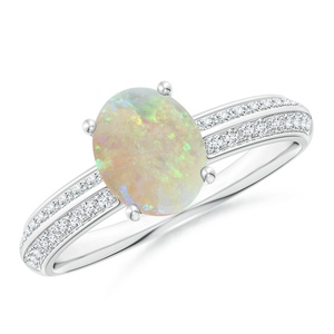 14K Pure Gold Classic Oval Cut Natural Ethiopian <b>Opal</b> Knife Edge <b>Ring</b> Pave Setting Round Cut Accent Diamond Dual Side Band <b>Ring</b> - Product Image 1