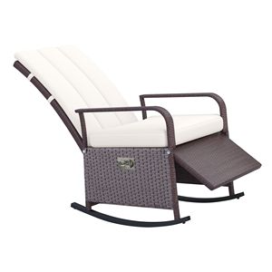 Sedia a dondolo reclinabile da esterno in vimini e rattan color crema, regolabile, con cuscino morbido e poggiapiedi - Product Image 1