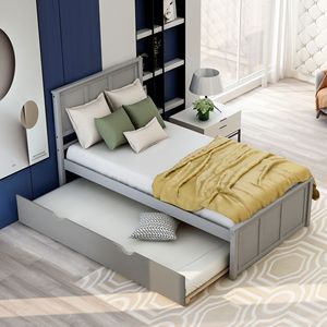 Twin Size Gray <b>Platform</b> <b>Bed</b> with Trundle Up-Holstered <b>Bed</b> <b>Frame</b> - Product Image 2