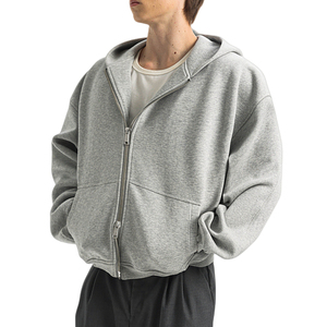 Sudadera con Capucha para Hombre, Oversize, de Algodón Gris, Estilo Francés, con Cierre Frontal, Casual, Otoñal, Corte Regular, Color Sólido, Tejido de Punto - Product Image 3