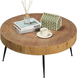 Round Farmhouse Coffee <b>Table</b> with Rustic Wooden <b>Top</b> Sturdy Metal Legs Modern Circle End <b>Table</b> for Living Room - Product Image 1