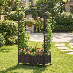Fioriera da Giardino Autoirrigante da 1,67 m con Graticolato e Tetto, Vaso Rialzato da Esterno in PP con Foro di Drenaggio per Piante Verdi - Product Image 1