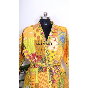 Robe longue kimono en soie Kantha, style bohème, faite à la main, imprimé multicolore, style jardin botanique, paradis d'été, robe unisexe, peignoir, tenue - Product Image 5