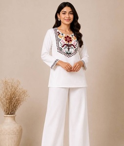 Conjunto Indio-Pakistaní de Algodón Blanco Bordado, Kurti Midi Vintage, Pantalón Plazzo, Manga Corta, Ropa Casual y de Oficina para Mujer - Product Image 1
