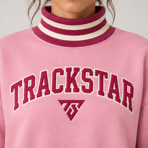 Women's Light <b>Pink</b> Mock Neck <b>Sweatshirt</b> with White Striped Trim Varsity Letters Long Sleeve Custom Logo - Product Image 6