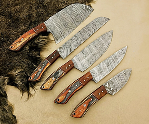 Juego de Cuchillos de Chef de Acero de Damasco de Alta Calidad, 5 Piezas, Personalizables OEM/ODM, con Hojas de Punta Caída y Borde Biselado, Mangos de Madera - Product Image 6